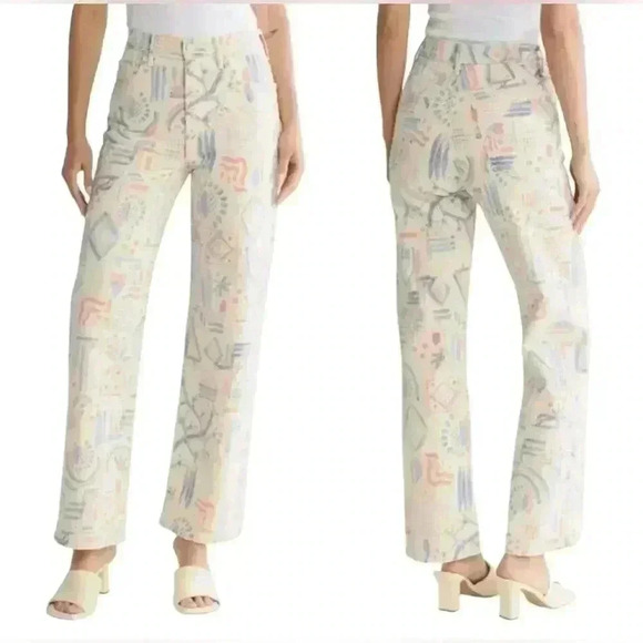 Mother The Maven Skimp Jeans Size 26 White Pastel Abstract Print High Rise Wide - Picture 1 of 6